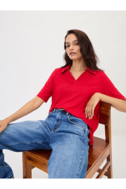 Femmella By Styli Red Short Sleeve Knit Polo T-Shirt