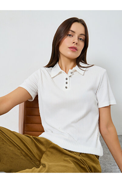 Styli White Ribbed Short Sleeve Polo T-Shirt