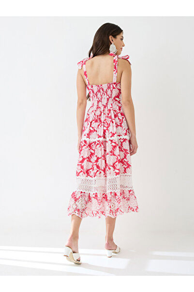 Globus By Styli Red Floral Print Tie-Up Strappy Tiered Midi Dress