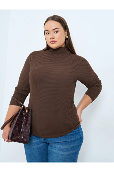 Styli Plus Size Brown Ribbed Knit Top