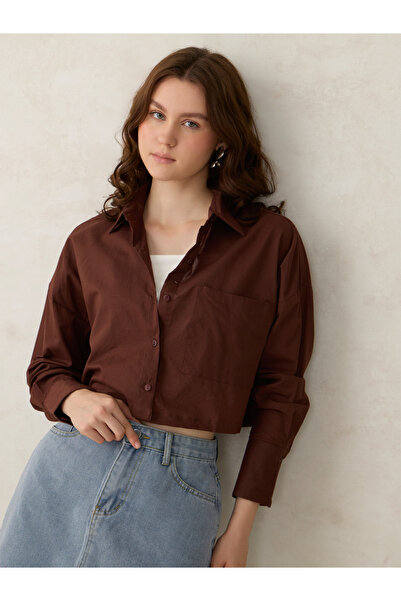 Outzidr By Styli Brown Crop Solid Shirt with Pockets