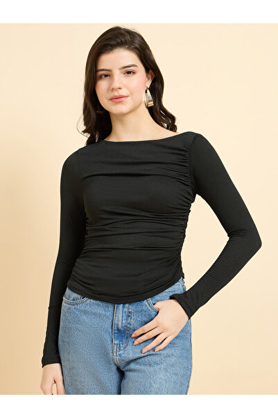 Outzidr By Styli Black Solid Long Sleeves Knit Top