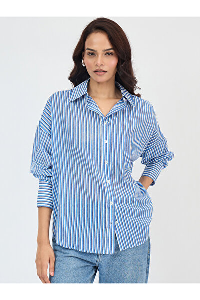 Femmella By Styli Blue Cotton Stripe Oversized Shirt