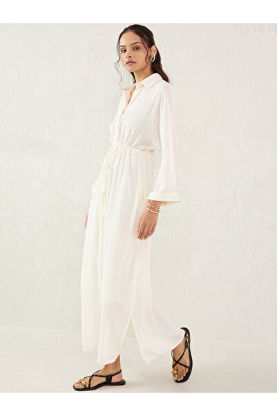 Styli Off White Textured Crinkled Shirt Maxi Dress