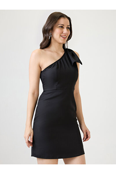 Globus By Styli Black One Shoulder Bow Detail Sheath Mini Dress