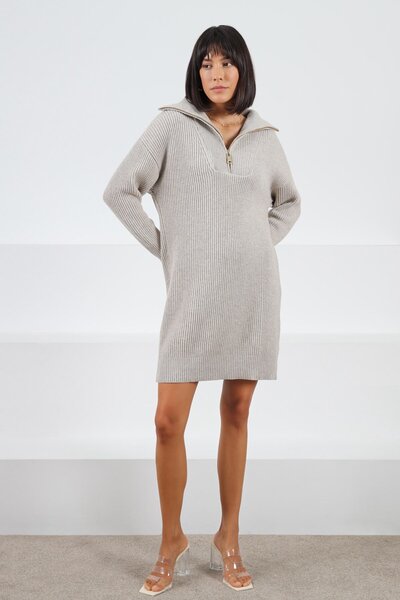 Ferraro A.Beige Long Sleeve Cashmere Zipper Detailed Wide Collar Women's Knitwear Dress