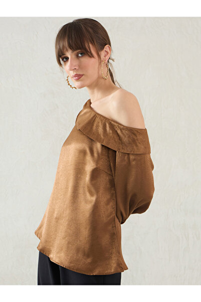 Femmella By Styli Brown One Shoulder Detail Satin Top
