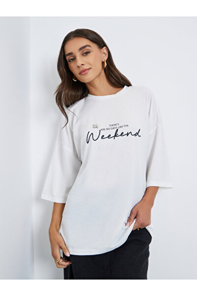 Styli White Slogan Print T-Shirt with 3/4 Sleeve