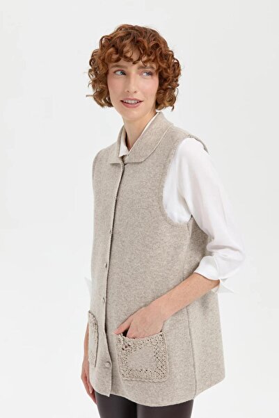 Nazen Giyim Polo Collar Buttoned Beige Women's Vest 24014-2K5