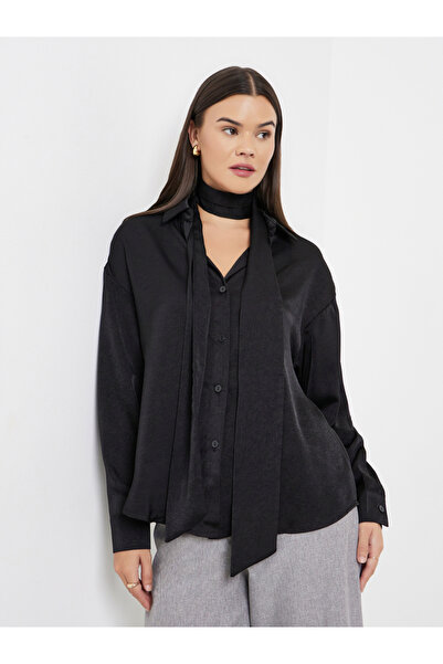 Styli Black Satin Shirt with Neck Scarf