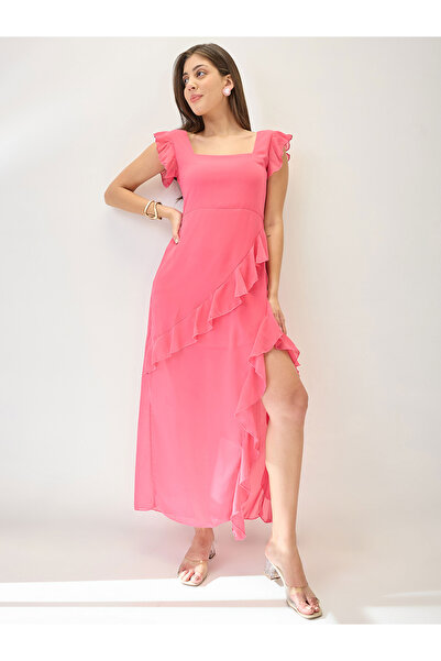 Globus By Styli Pink Square Neck Ruffle Hem Maxi Dress