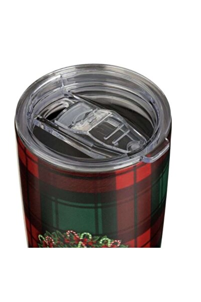 OEM Metallic Christmas Insulated Cup - Red Checkered Print with Transparent Lid, 600ml