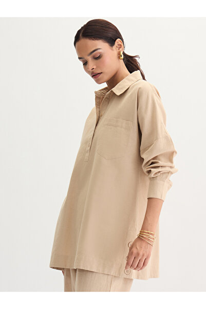 Femmella By Styli Beige Cotton Linen Button Detail Tunic
