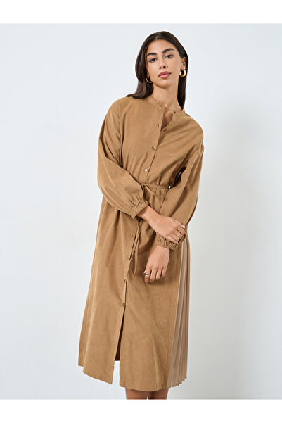 Styli Khaki Balloon Sleeve Buttoned Midi Dress