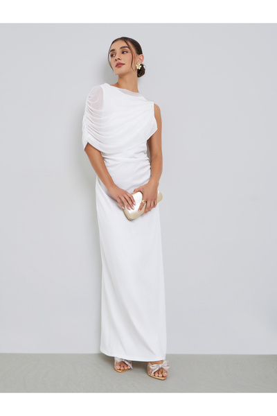 Styli White Ruched One-Shoulder Maxi Dress