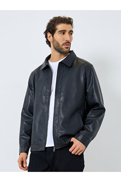Styli Men Relaxed Fit Leather Look Jacket with Collar