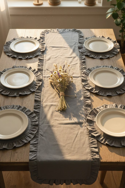 YUNUSOĞLU HOME Gray Ruffled Runner and Placemat Set - Tablecloth Set 7 Pieces 150X50