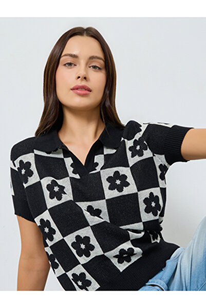 Styli Black Floral Knit Relaxed Fit Polo T-Shirt