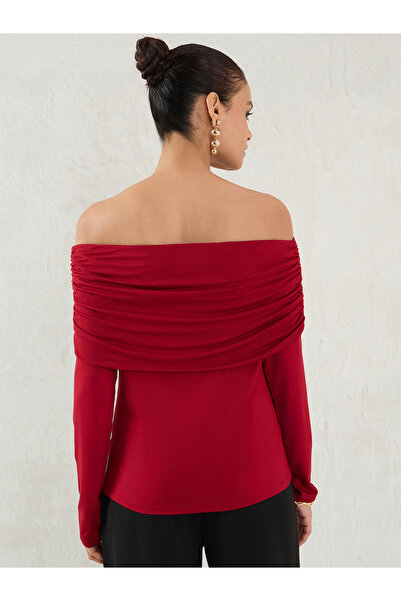 Femmella By Styli Deep Red Knit Bardot Neck Ruched Detail Top
