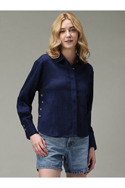 Outzidr By Styli Navy Blue Side Button Detail Textured Shirt