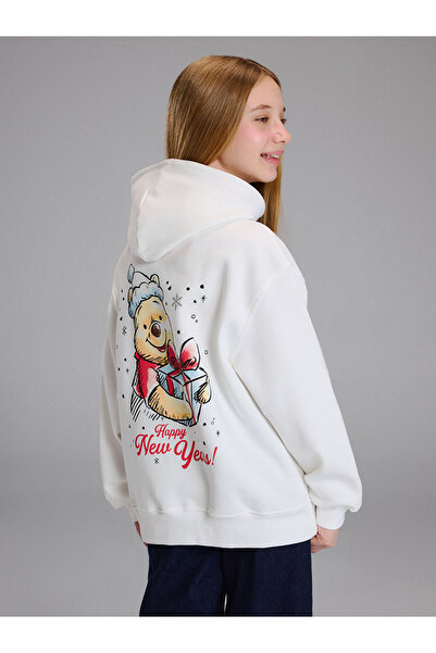 LC Waikiki Vizyon New Season White Hooded Printed Thick Sweatshirt for Girls