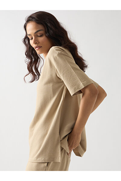 Femmella By Styli Beige Cotton Short Sleeve Knit T-Shirt