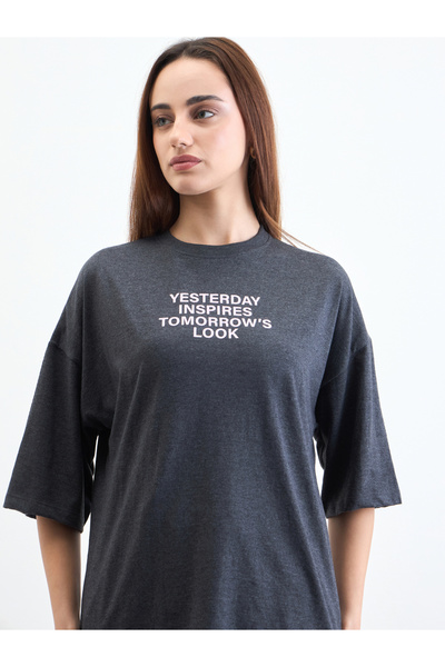 Styli Charcoal Slogan Print Oversized T-Shirt