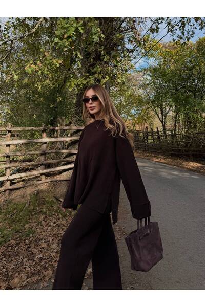 Laluvia Brown Crew Neck Knitwear Set - 4587