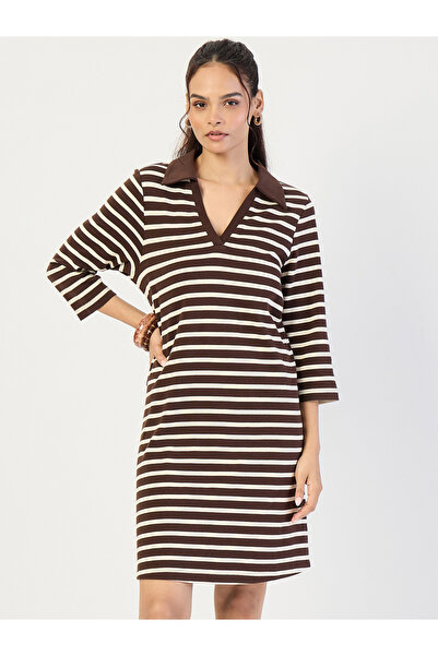 Styli Brown Striped Polo Knit Knee Length Dress