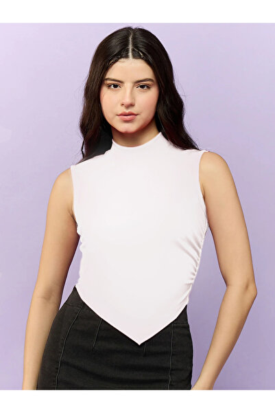 Outzidr By Styli White High Neck Side Ruched Top