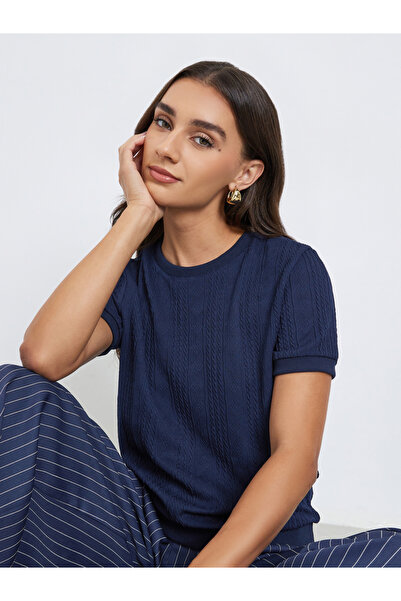 Styli Navy Blue Knitted Textured T-Shirt
