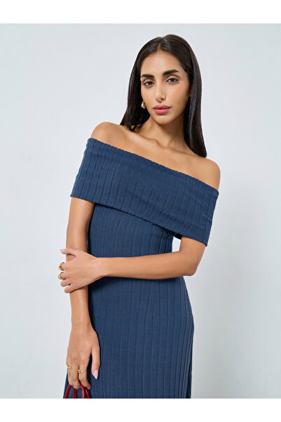 Styli Navy Blue Bardot Neck Ribbed Maxi Dress