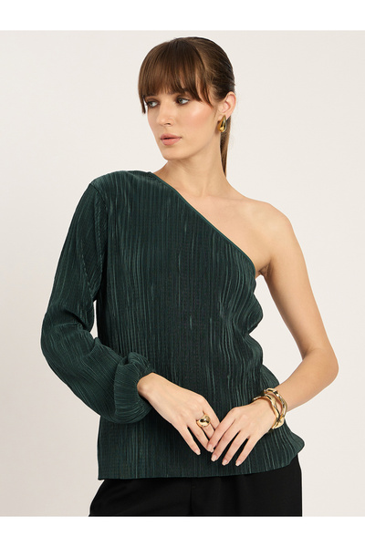 Femmella By Styli Green Plisse One Shoulder Top