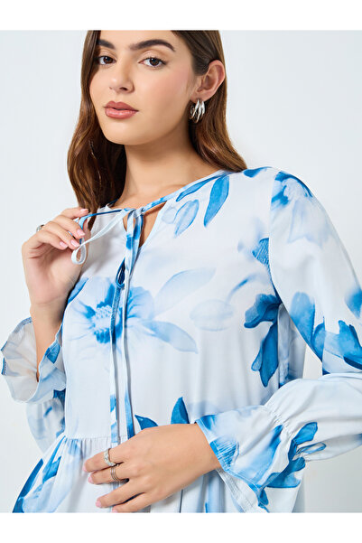 Take Two By Styli Floral Printed Tie-Up Neck Long Sleeve Midi Dress
