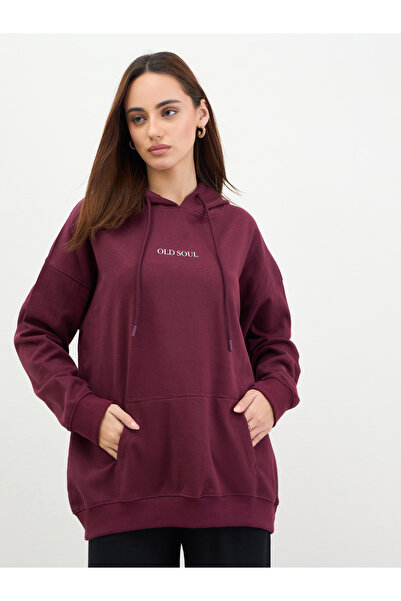 Styli Burgundy Graphic Print Longline Hoodie