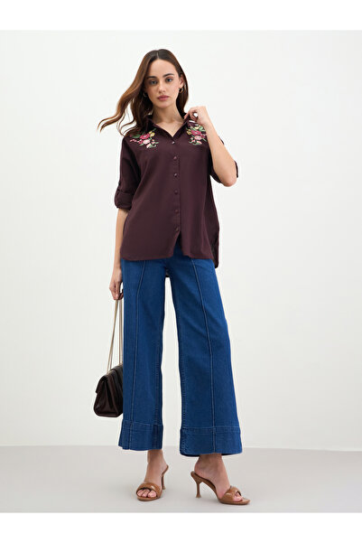 Styli Embroidered Yoke Oversized Shirt with Roll-Up Sleeves