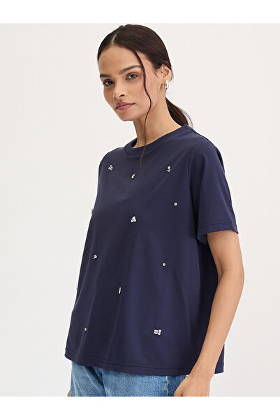 Femmella By Styli Navy Blue Rhinestone Embellished Short Sleeve T-Shirt