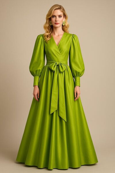 ALYEL NAKER Kruvaze Kapamalı & Balon Kollu Tafta Maxi Elbise