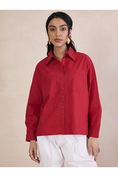 Femmella By Styli Red Poplin Long Sleeve Oversized Shirt