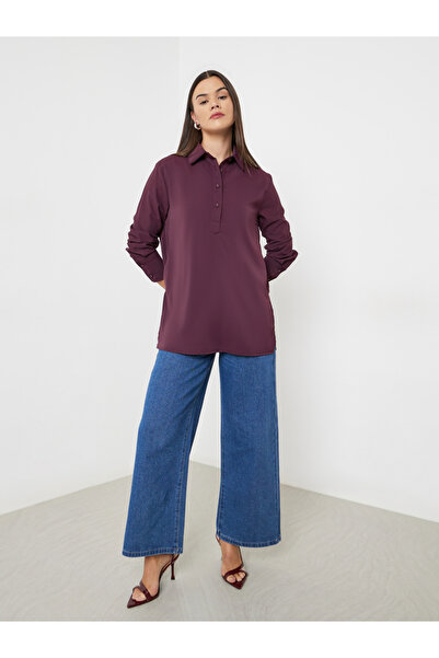 Styli Burgundy Longline Shirt with Half Placket