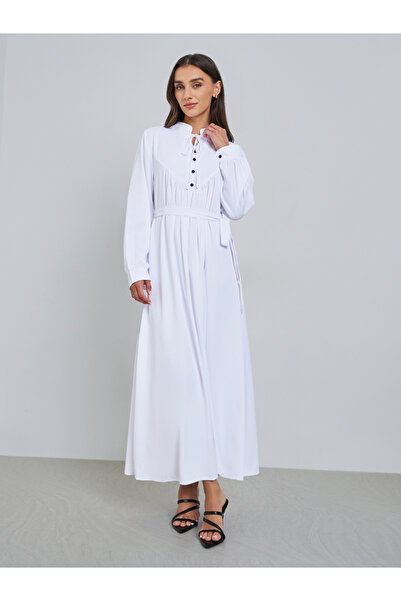 Styli White Solid Tie Neck Long Sleeve Midi Dress
