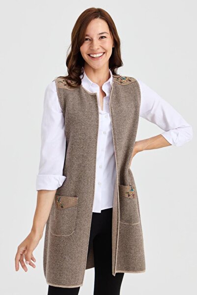 Nazen Giyim Beige Women's Vest with Crew Neck, Shoulder and Pocket Felt Embroidery 23115-2K4