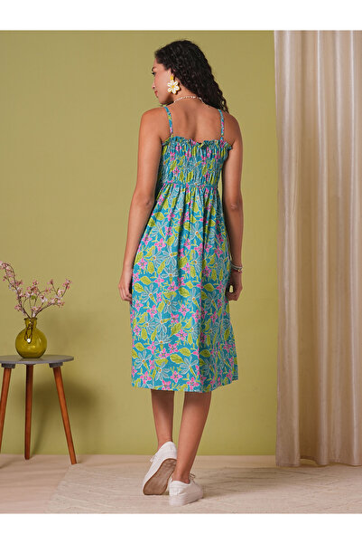 Globus By Styli Floral Print Strappy Gathered Midi Fusion Dress