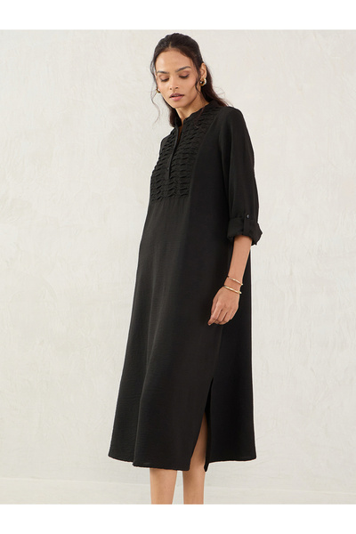 Styli Black Mandarin Collar Buttoned Midi Dress