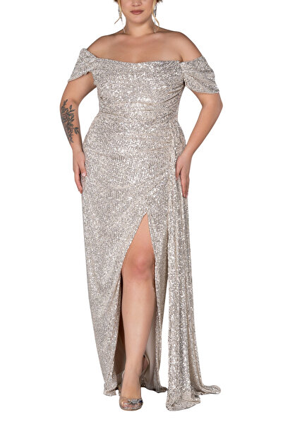 Arden Plus Size Evening Dress, Sequin Sequin Boat Neck, Wedding with Slit, Engagement Junior Evening Dress, Graduation Dress, 42-50