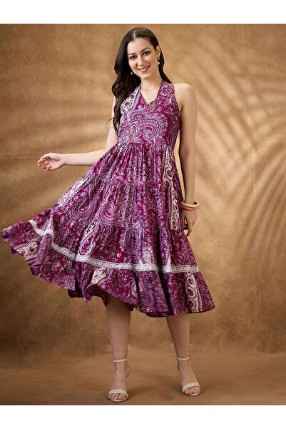 Globus By Styli فستان ميدي فيوجن بياقة هالتر وطبعة بيزلي