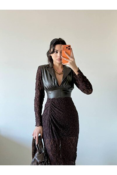 LOCH BUTİK Women's Brown Leather Front Gathered Slit Midi Dress