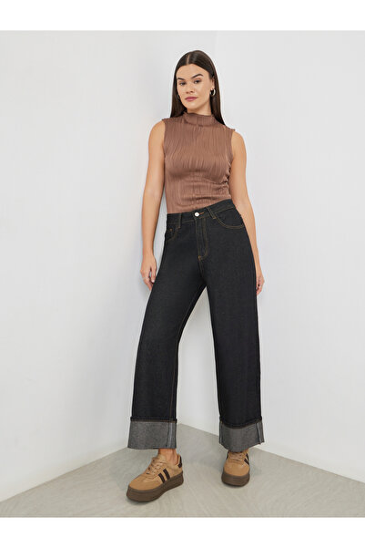 Styli بنطال جينز أسود أرجل واسعة الساق وخصر مرتفع