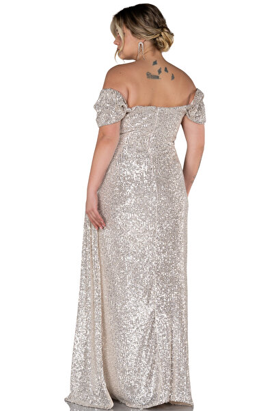 Arden Plus Size Evening Dress, Sequin Sequin Boat Neck, Wedding with Slit, Engagement Junior Evening Dress, Graduation Dress, 42-50