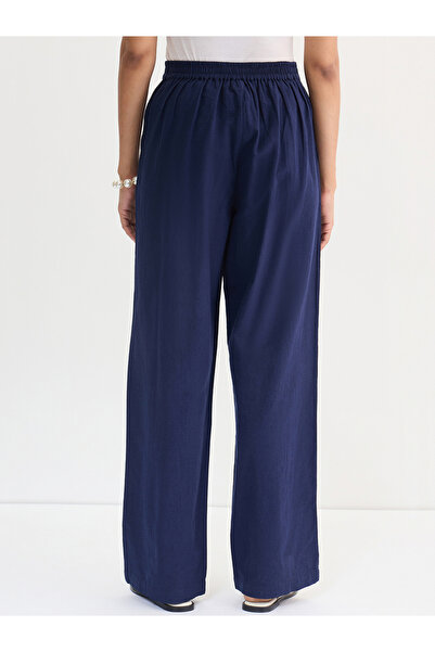 Femmella By Styli Navy Blue Cotton Linen Straight Pants